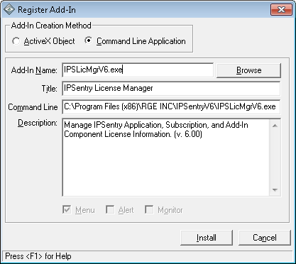 IPSentry Add-In Manager - Install New Command