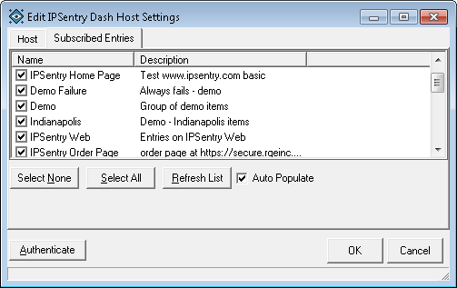 DASH Remote client host configuration screen.