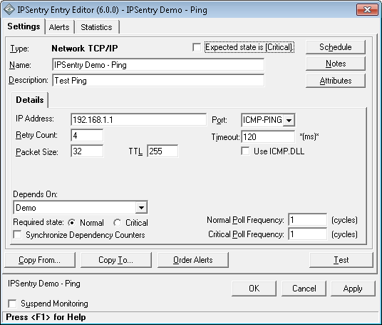 IPSentry network Ping configuration using ICMP