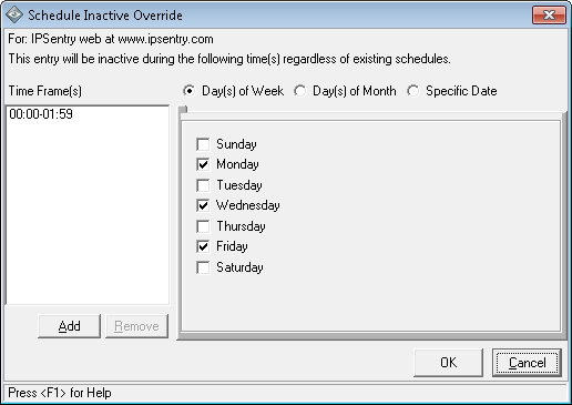 IPSentry device monitoring schedule override day of week