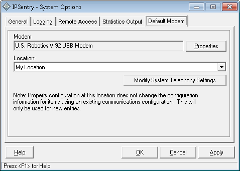 IPSentry System Options - Default Modem